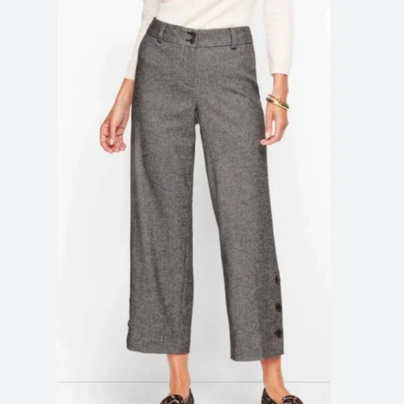 Talbots Wide Leg Wool Blend Cropped Herringbone Trousers | Black Gray - Picture 1 of 1